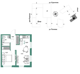 Планировка 2-комн. квартира, 37 м² ЖК «Остров-сад»