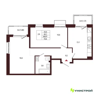 Планировка 2-комн. квартира, 68.07 м² ЖК «Лисино»