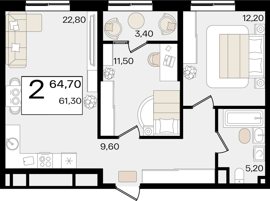 Планировка 2-комн. квартира, 64.7 м² ЖК «Патрики»