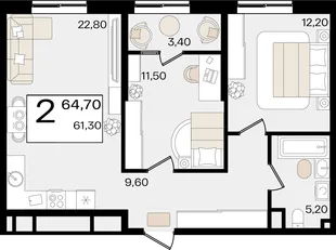 Планировка 2-комн. квартира, 64.7 м² ЖК «Патрики»