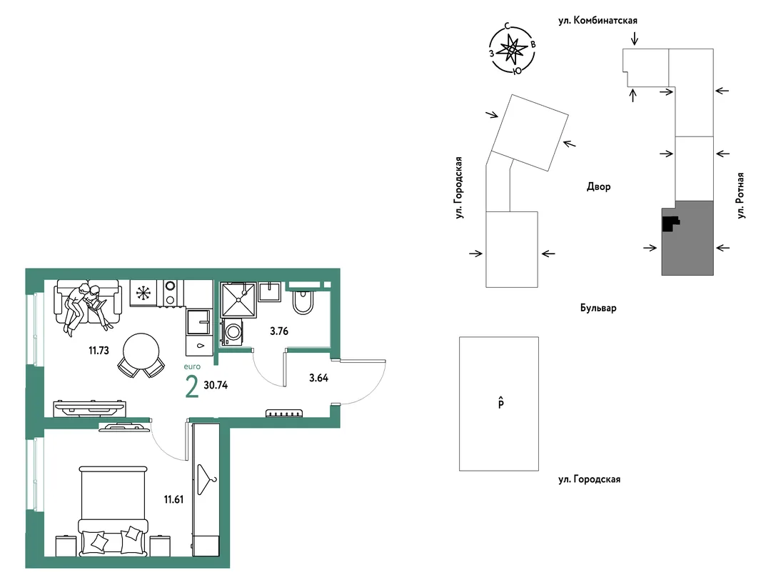 Планировка 2-комн. квартира, 30.74 м² ЖК «Уральский сад»