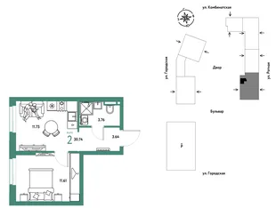 Планировка 2-комн. квартира, 30.74 м² ЖК «Уральский сад»