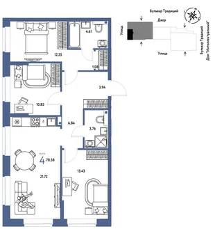 Планировка 4-комн. квартира, 78.58 м² ЖК «Микрорайон Домашний»
