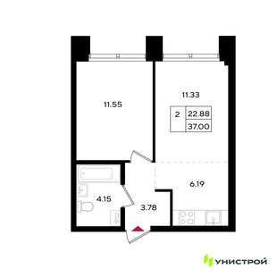 Планировка 2-комн. квартира, 37 м² ЖК «Уникум на Энгельса»