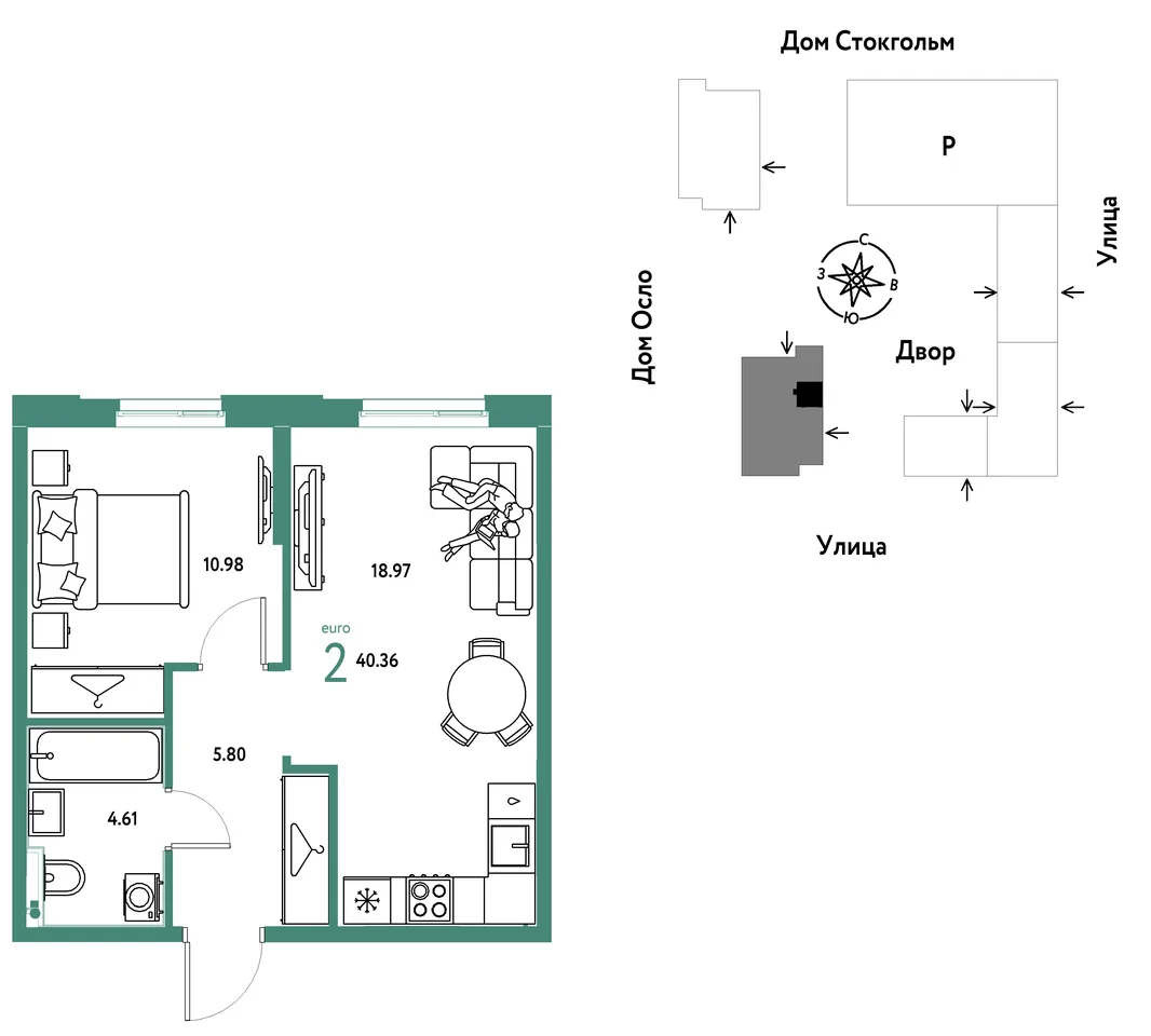 Планировка 2-комн. квартира, 40.36 м² ЖК «Европейский берег 2.0»