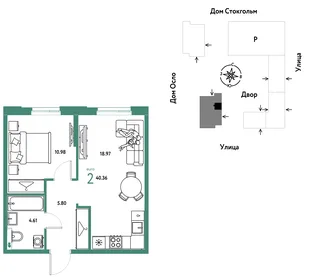 Планировка 2-комн. квартира, 40.36 м² ЖК «Европейский берег 2.0»