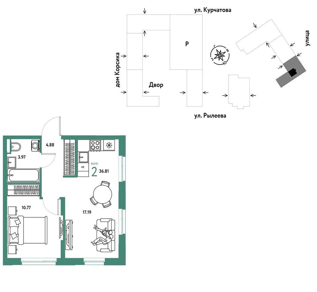 Планировка 2-комн. квартира, 37 м² ЖК «Остров-сад»