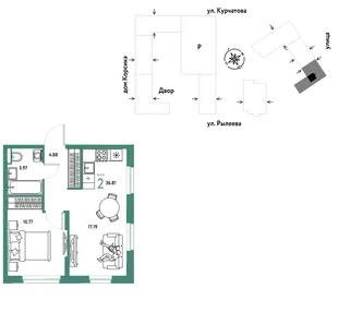 Планировка 2-комн. квартира, 37 м² ЖК «Остров-сад»