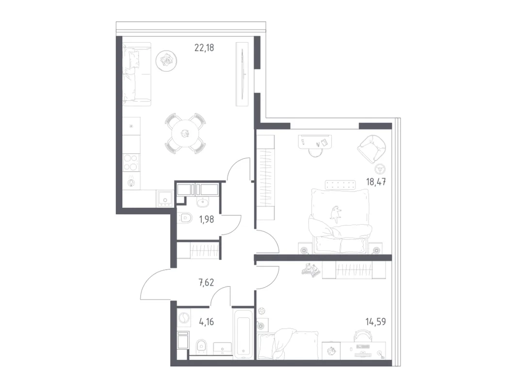 Планировка 2-комн. квартира, 69.5 м² ЖК «Октябрьская 98»