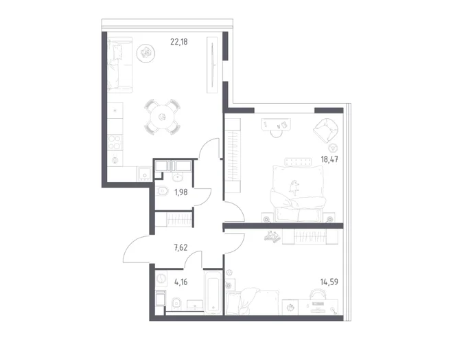 Планировка 2-комн. квартира, 69.5 м² ЖК «Октябрьская 98»
