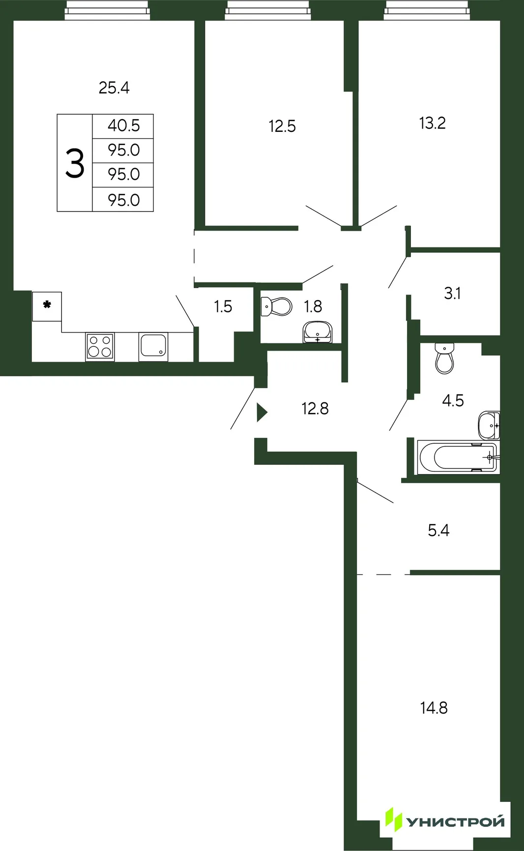Планировка 3-комн. квартира, 95 м² ЖК «Парковый квартал 2.0»