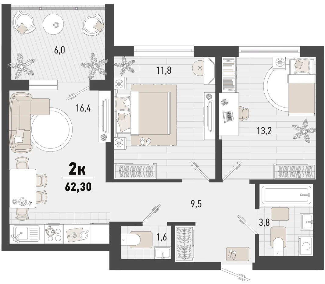 Планировка 2-комн. квартира, 62.3 м² ЖК «Барса»