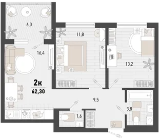 Планировка 2-комн. квартира, 62.3 м² ЖК «Барса»