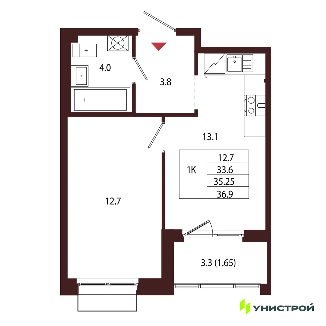 Планировка 1-комн. квартира, 35.25 м² ЖК «Лисино»