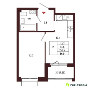 Планировка 1-комн. квартира, 35.25 м² ЖК «Лисино»