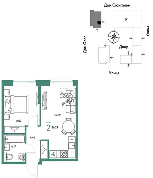 Планировка 2-комн. квартира, 36.29 м² ЖК «Европейский берег 2.0»