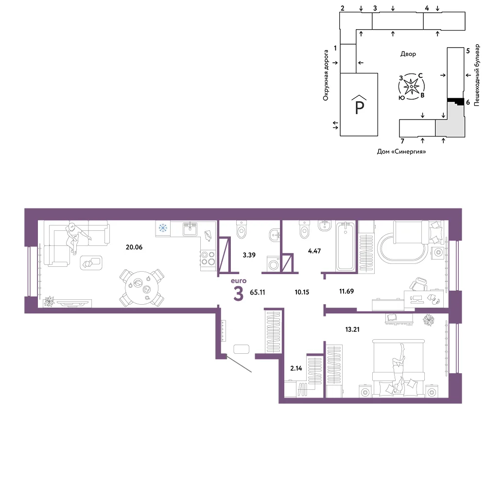 Планировка 3-комн. квартира, 65.11 м² ЖК «Юнион»