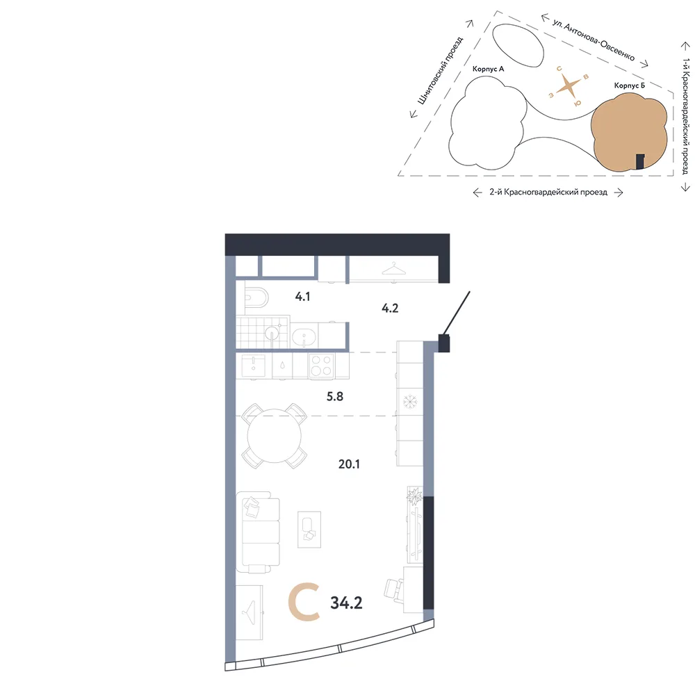 Планировка Студия, 34.2 м² ЖК «АУРУС Резиденции»