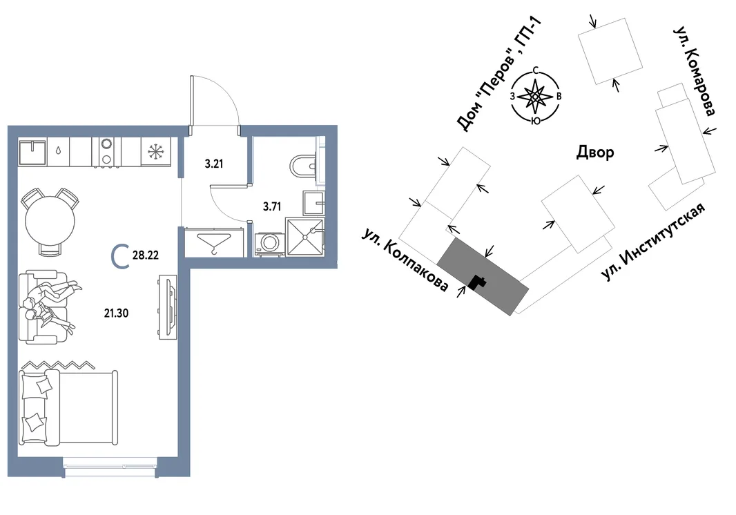 Планировка Студия, 28.22 м² ЖК «Страна.Парковая»