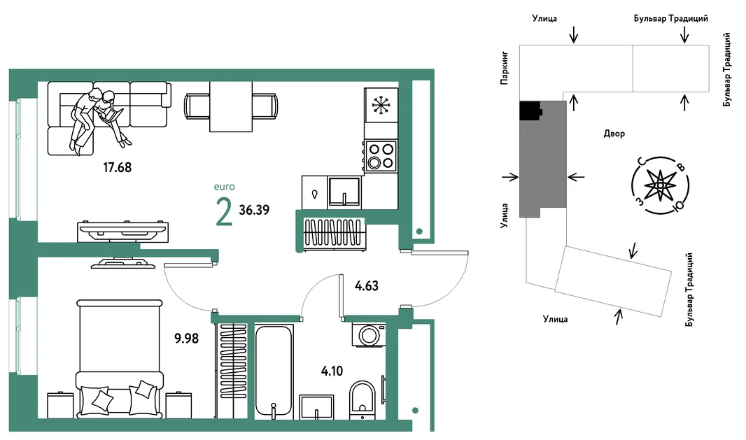 Планировка 2-комн. квартира, 36.39 м² ЖК «Микрорайон Домашний»