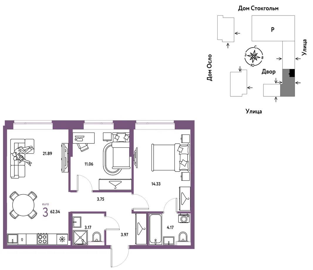 Планировка 3-комн. квартира, 62.34 м² ЖК «Европейский берег 2.0»