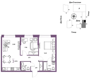 Планировка 3-комн. квартира, 62.34 м² ЖК «Европейский берег 2.0»