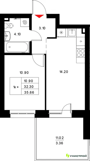 Планировка 1-комн. квартира, 35.66 м² ЖК «Уникод на Технической»