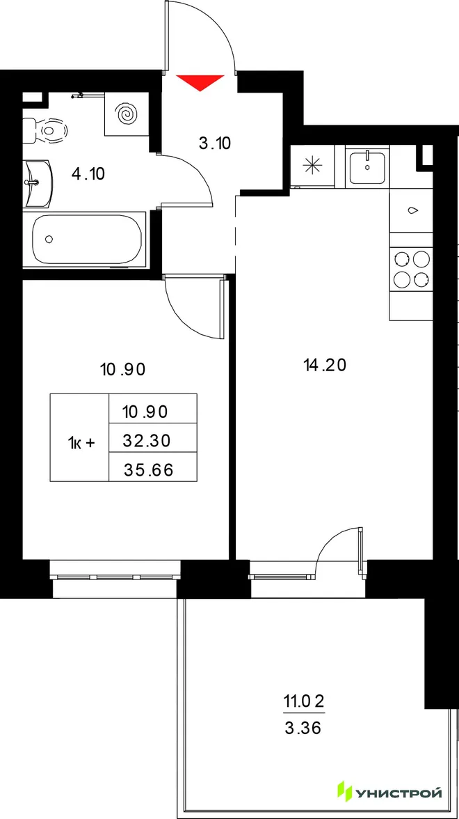 Планировка 1-комн. квартира, 35.66 м² ЖК «Уникод на Технической»