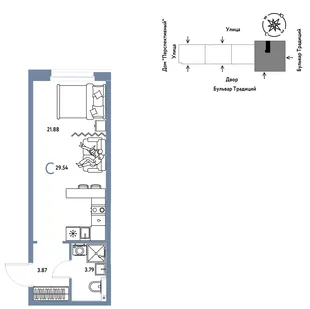 Планировка Студия, 29.54 м² ЖК «Микрорайон Домашний»