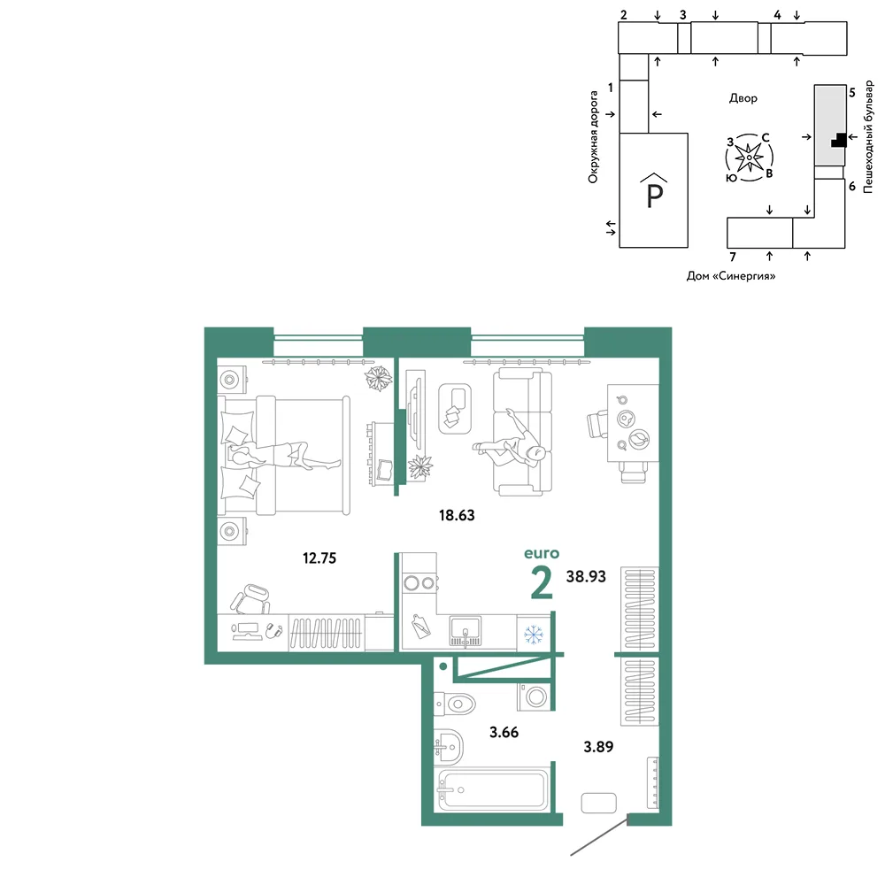 Планировка 2-комн. квартира, 38.93 м² ЖК «Юнион»