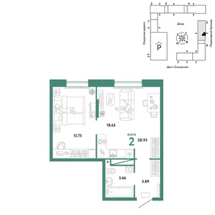 Планировка 2-комн. квартира, 38.93 м² ЖК «Юнион»