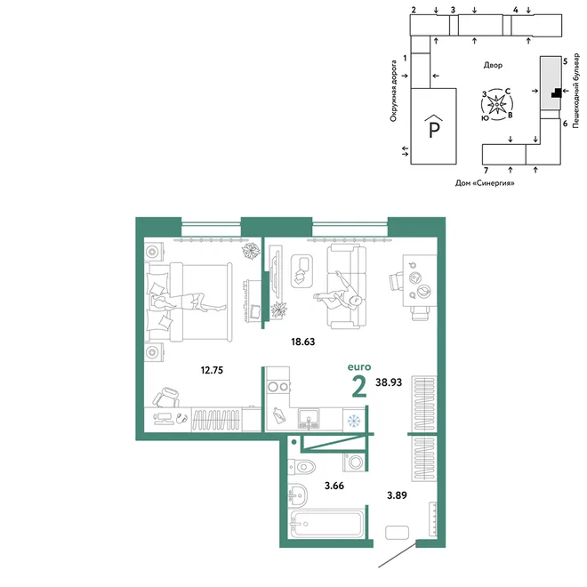 Планировка 2-комн. квартира, 38.93 м² ЖК «Юнион» Планировка 2-комн. квартира, 38.93 м² ЖК «Юнион»