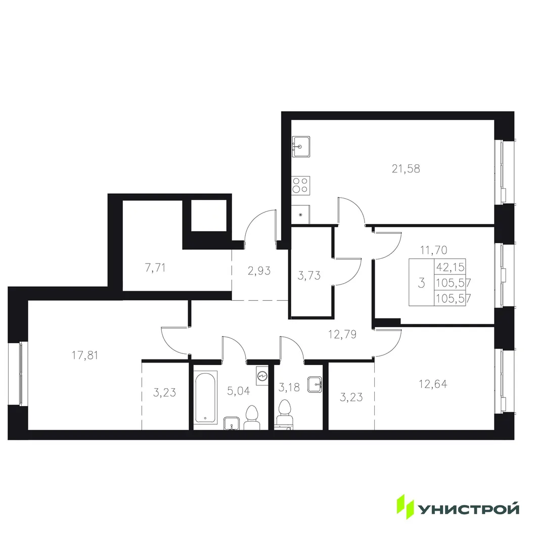 Планировка 3-комн. квартира, 105.57 м² ЖК «Statum»