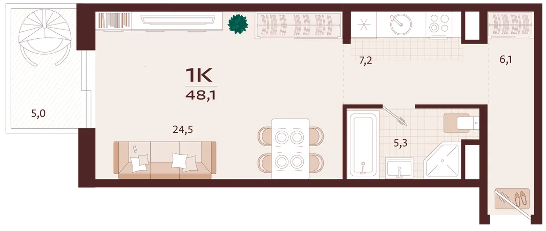 Планировка 1-комн. квартира, 48.1 м² ЖК «Роялта»