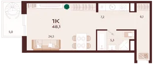 Планировка 1-комн. квартира, 48.1 м² ЖК «Роялта»