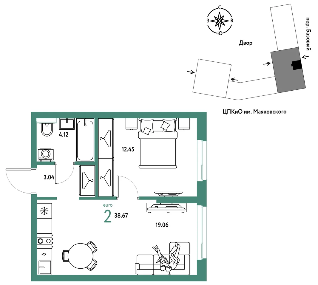 Планировка 2-комн. квартира, 38.67 м² ЖК «Сибирский сад»