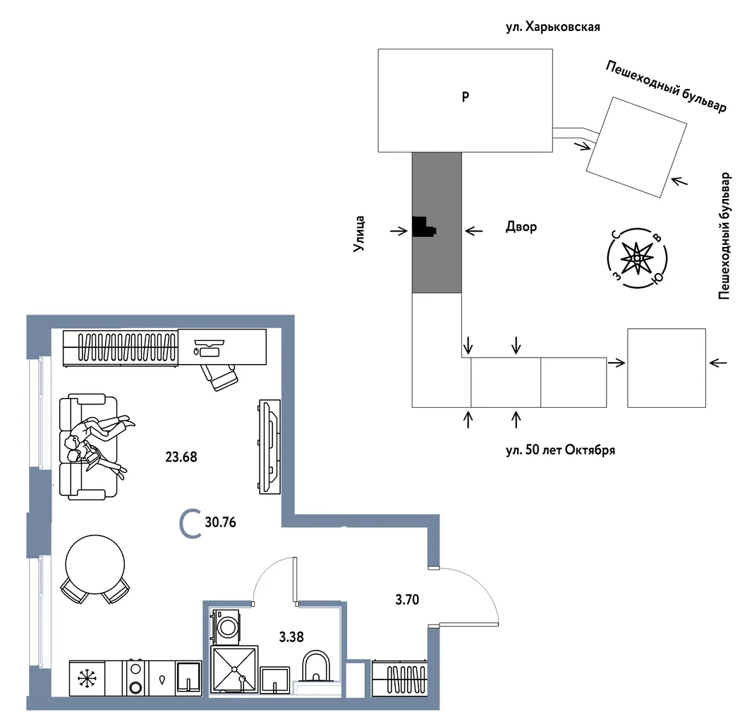 Планировка Студия, 30.76 м² ЖК «Сердце Сибири»