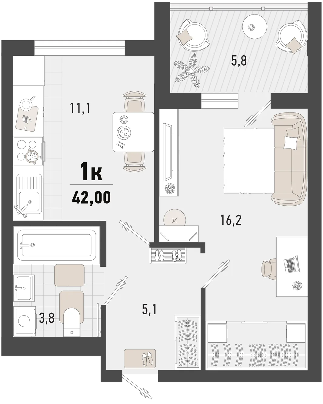 Планировка 1-комн. квартира, 42 м² ЖК «Барса»