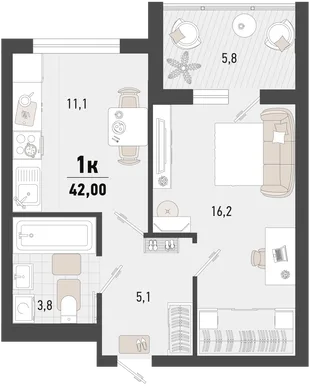 Планировка 1-комн. квартира, 42 м² ЖК «Барса»