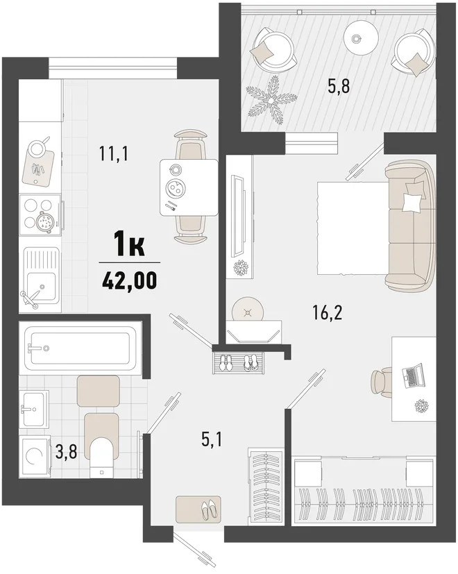 Планировка 1-комн. квартира, 42 м² ЖК «Барса» Планировка 1-комн. квартира, 42 м² ЖК «Барса»