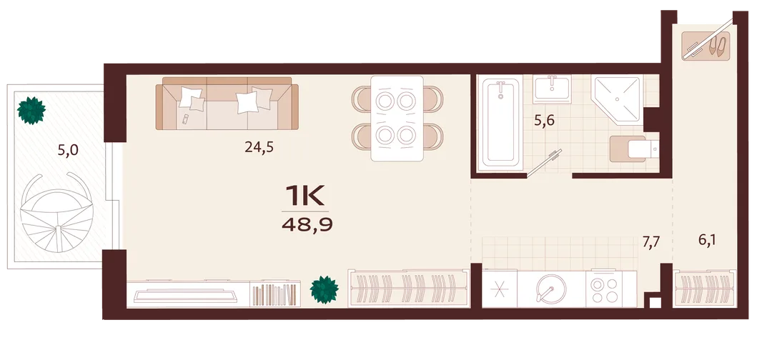 Планировка 1-комн. квартира, 48.9 м² ЖК «Роялта»