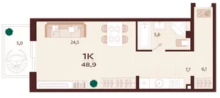 Планировка 1-комн. квартира, 48.9 м² ЖК «Роялта»