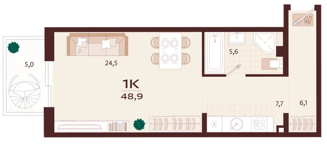 Планировка 1-комн. квартира, 48.9 м² ЖК «Роялта» Планировка 1-комн. квартира, 48.9 м² ЖК «Роялта»