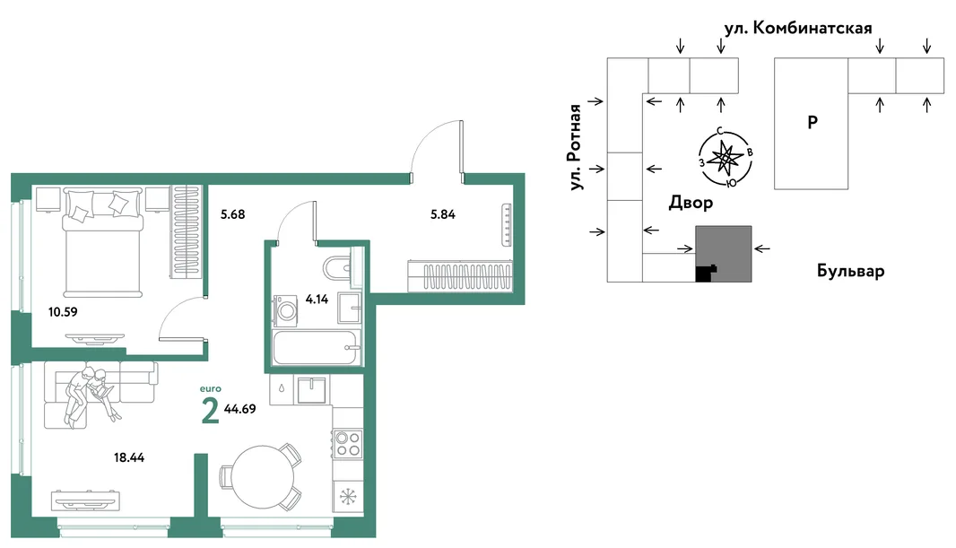 Планировка 2-комн. квартира, 44.35 м² ЖК «Уральский сад»