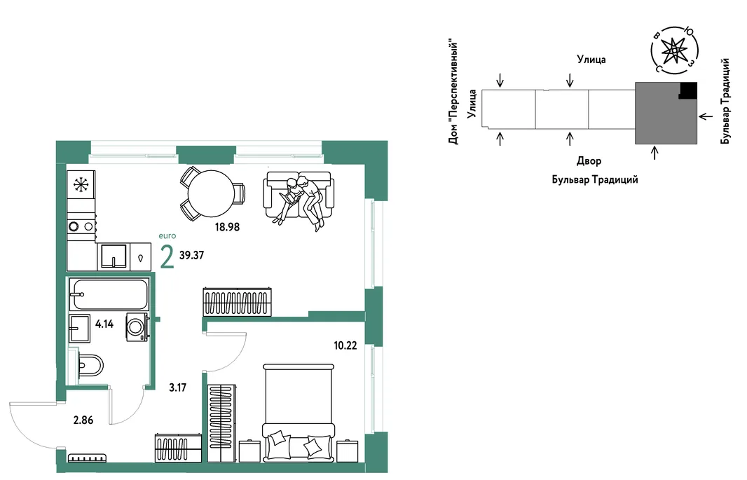Планировка 2-комн. квартира, 39.37 м² ЖК «Микрорайон Домашний»