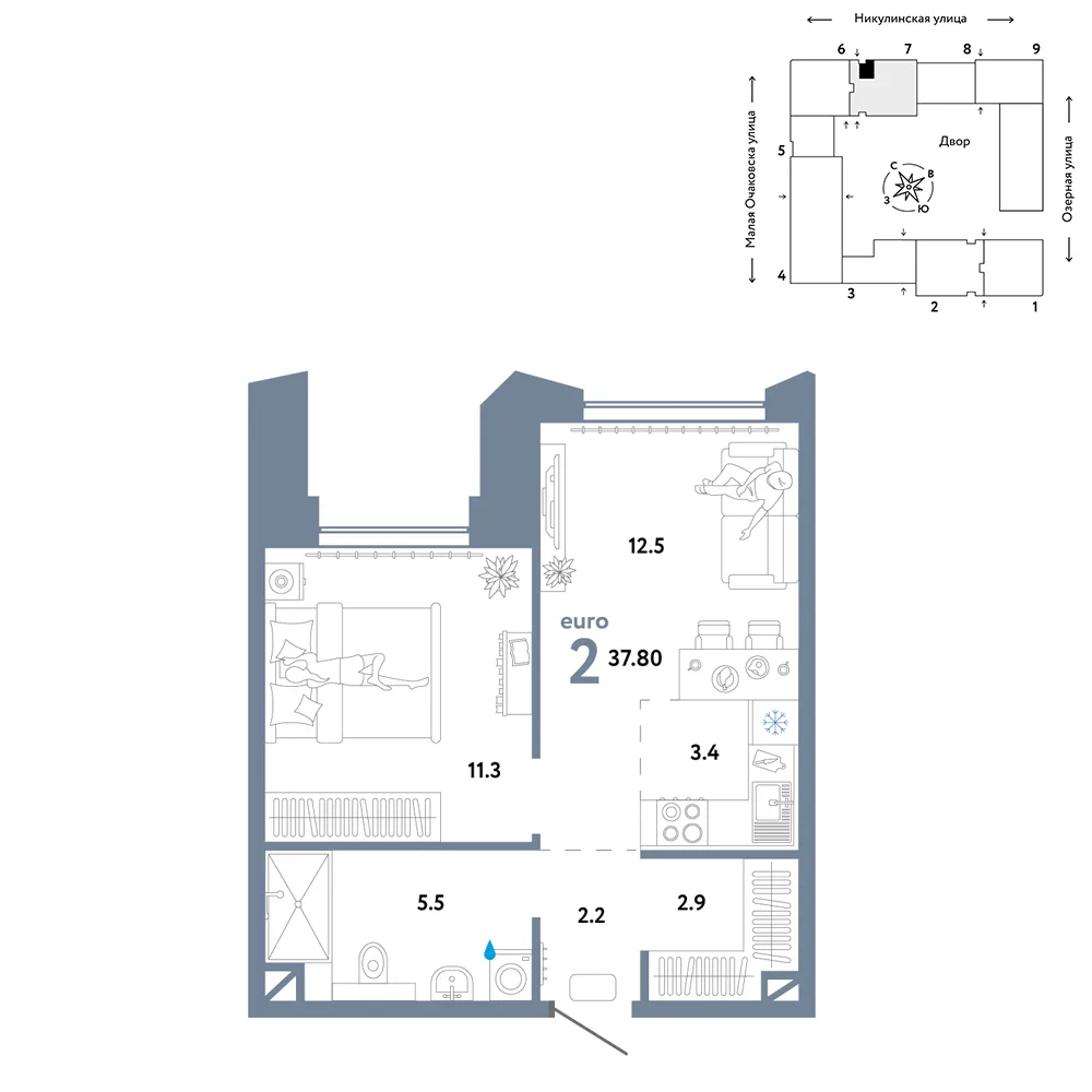 Планировка 2-комн. квартира, 37.8 м² ЖК «Страна.Озёрная»