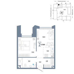 Планировка 2-комн. квартира, 37.8 м² ЖК «Страна.Озёрная»