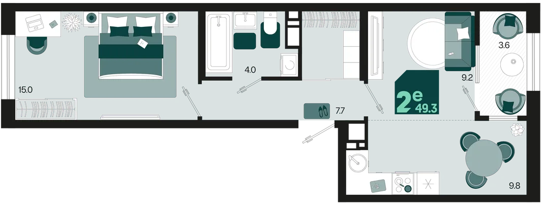 Планировка 2-комн. квартира, 49.3 м² ЖК «Первое место»