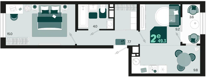 Планировка 2-комн. квартира, 49.3 м² ЖК «Первое место» Планировка 2-комн. квартира, 49.3 м² ЖК «Первое место»