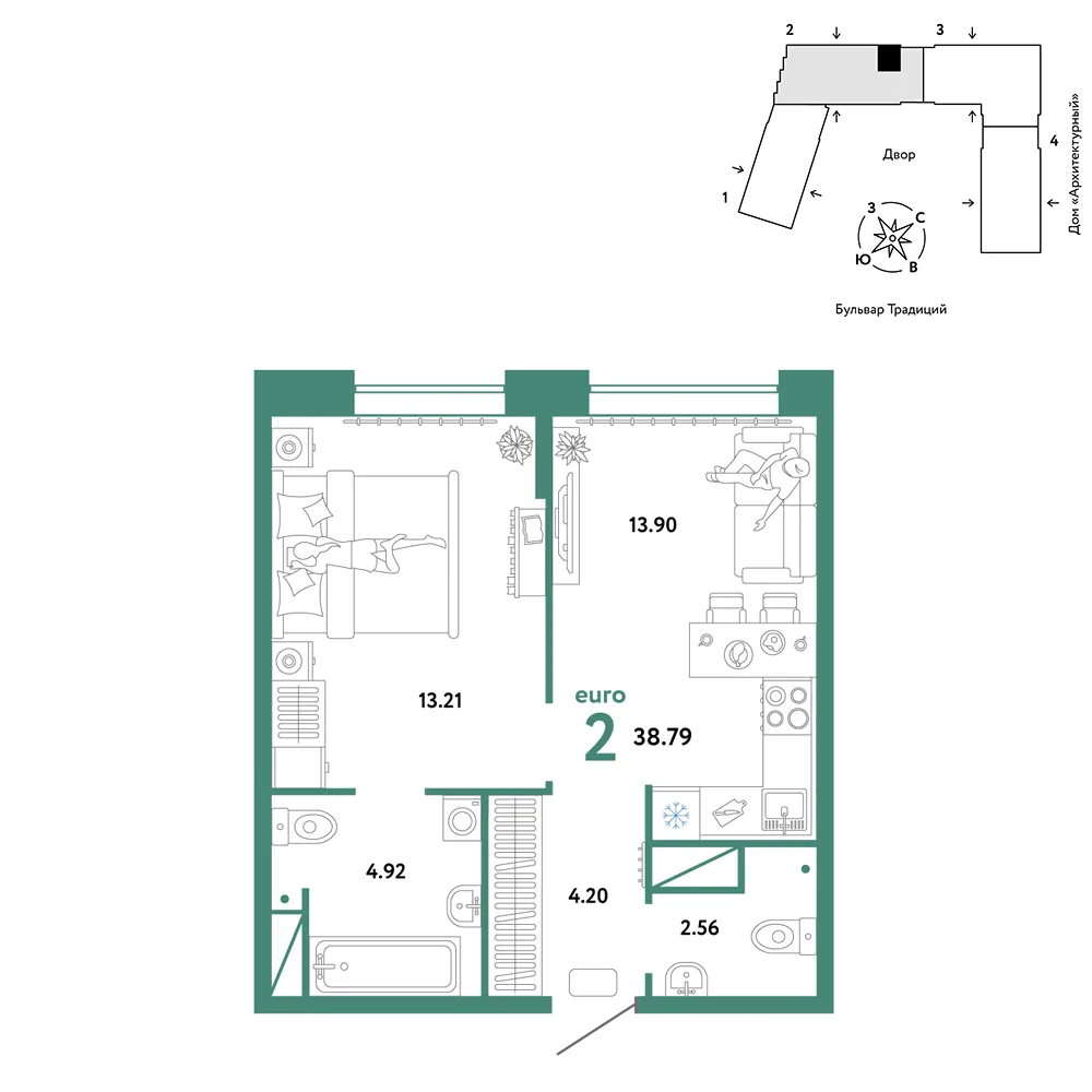 Планировка 2-комн. квартира, 38.79 м² ЖК «Микрорайон Домашний»
